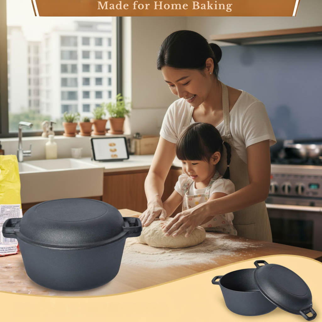 KNEVA 26cm Cast Iron 5 Quart Dutch Oven Pot Sourdough Kit 12-in-1 | Banneton Bread Proofing Basket