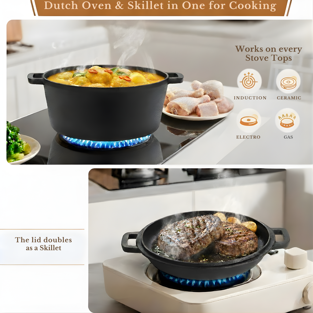 KNEVA 26cm Cast Iron 5 Quart Dutch Oven Pot Sourdough Kit 12-in-1 | Banneton Bread Proofing Basket