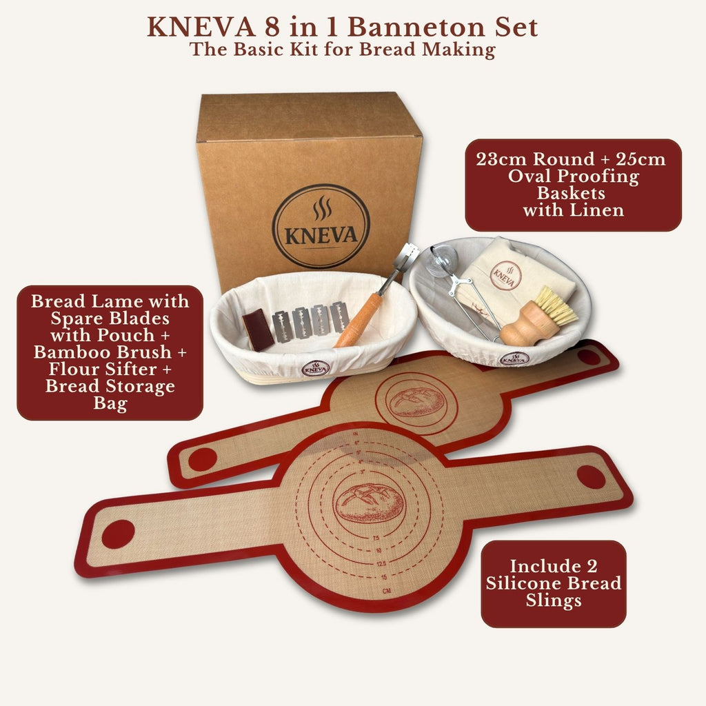 KNEVA 8-in-1 Sourdough Banneton Proofing Basket Set | 23cm Round + 25cm Oval Rattan Banneton