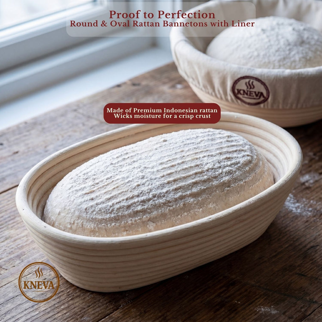 KNEVA 8-in-1 Sourdough Banneton Proofing Basket Set | 23cm Round + 25cm Oval Rattan Banneton