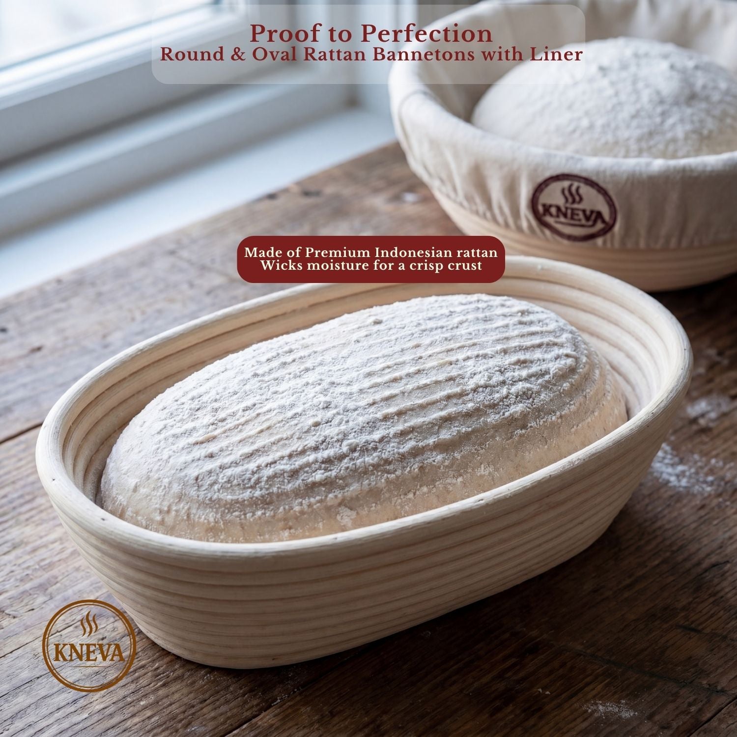 KNEVA 8-in-1 Sourdough Banneton Proofing Basket Set | 23cm Round + 25cm Oval Rattan Banneton