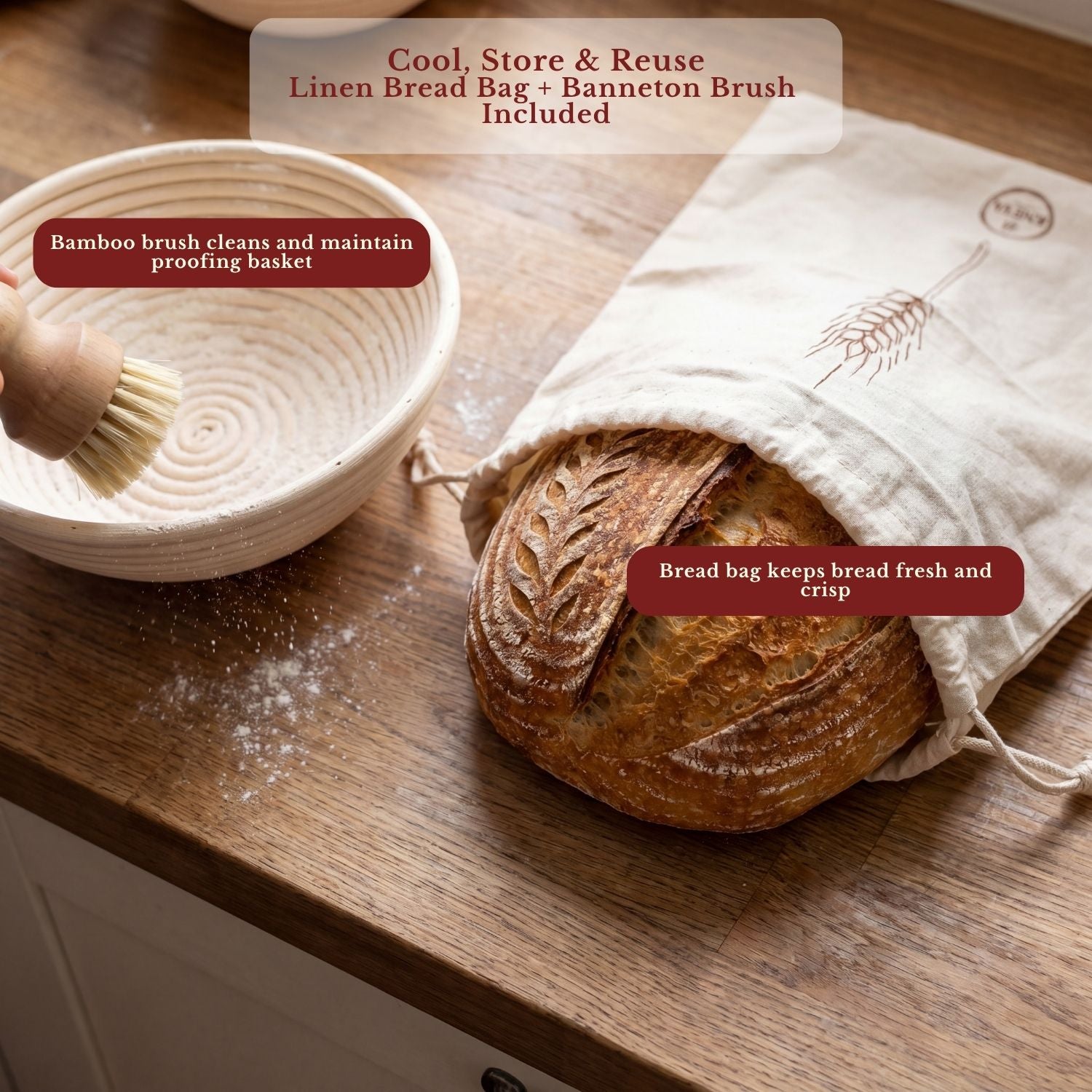 KNEVA 8-in-1 Sourdough Banneton Proofing Basket Set | 23cm Round + 25cm Oval Rattan Banneton