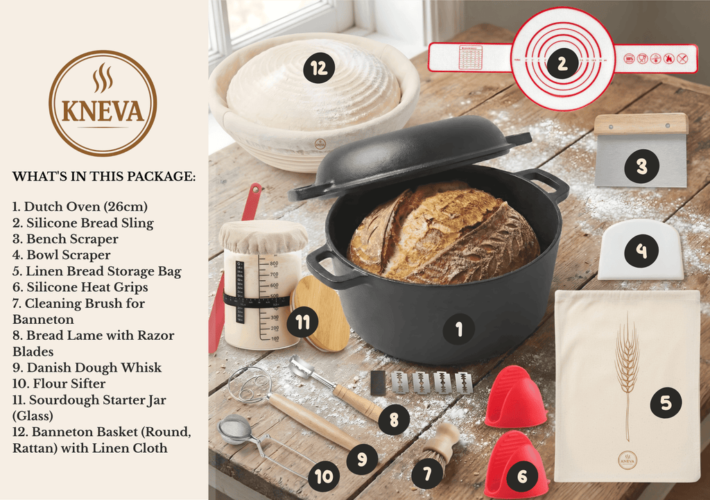 KNEVA 26cm Cast Iron 5 Quart Dutch Oven Pot Sourdough Kit 12-in-1 | Banneton Bread Proofing Basket