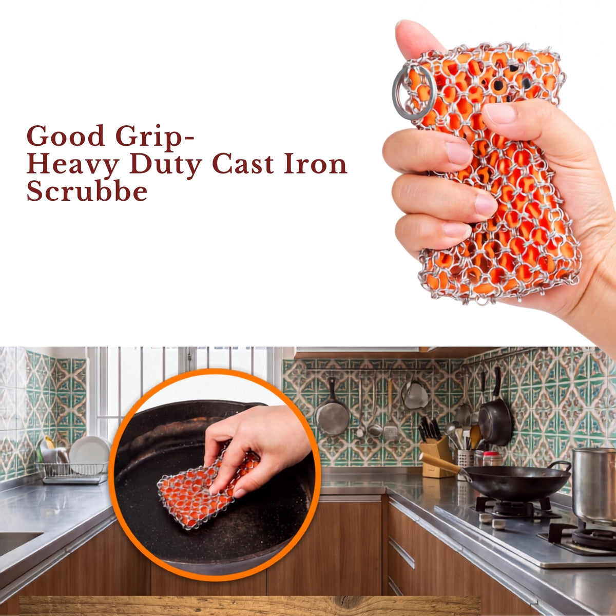 KNEVA Chainmail Scrubber & Wooden Brush Set | Cast Iron | Steel
