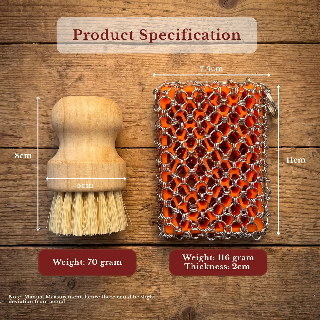 KNEVA Chainmail Scrubber & Wooden Brush Set | Cast Iron | Steel
