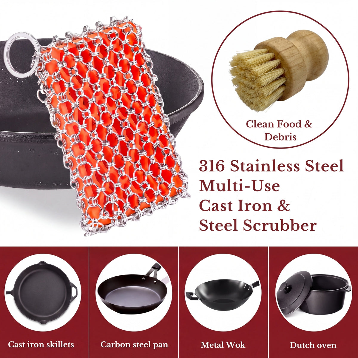 KNEVA Chainmail Scrubber & Wooden Brush Set | Cast Iron | Steel